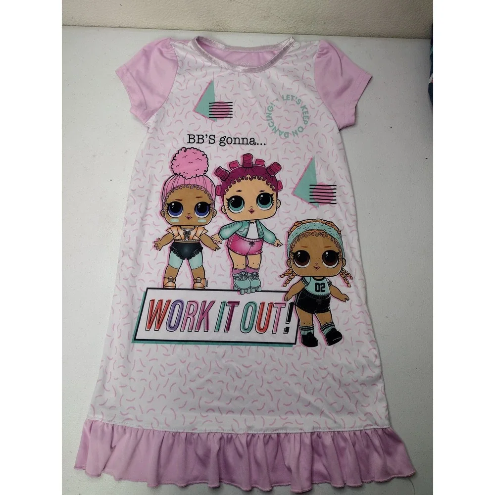 LOL Surprise Girls Pink Work It Out Graphic Ruffle Nightgown Sleep Size 8